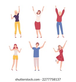 Joyful people celebrating success set. Male and female characters standing with their hands raised flat vector illustratio