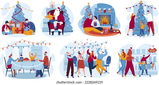 Joyful people celebration new year holiday, merry christmas, active holiday, cartoon style vector illustration, isolated on white.