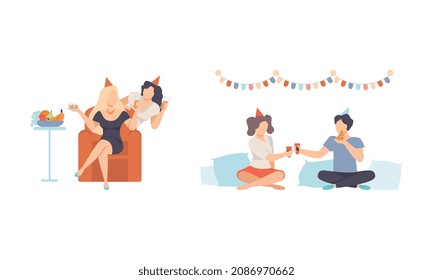 Joyful People Character in Cone Birthday Hat Eating and Drinking Cocktail Celebrating Feast Vector Illustration Set