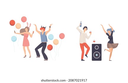 Joyful People Character Dancing and Drinking Cocktail Celebrating Feast Vector Illustration Set