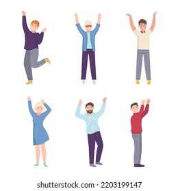 Joyful People Character Raising Hands Up Cheering About Something Vector Illustration Set