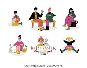 Joyful People with Children Celebrating Easter Holiday with Decorated Eggs Vector Set