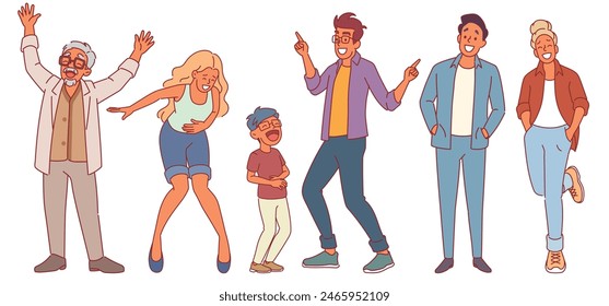 Joyful people laughing. Happy men, women and child, positive emotions manifestation, young and seniors have fun and joy, social reaction to joke, cartoon flat isolated illustration, vector set