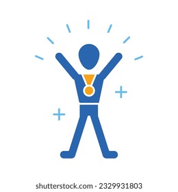 Joyful people with medal on neck celebrate winning champion colour icon vector. Happy, success symbol. Youth and sport day vector illustration for game interface, web, graphic design, UI, and app. 