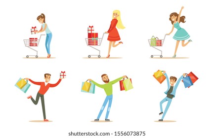 Joyful people with packages and shopping trolleys. Vector illustration