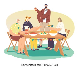 Joyful People Relax, Spend Time at House Yard at Summer Holiday. Happy Family Celebrate Garden Party. Male or Female Characters Sitting at Table, Eating and Communicate. Cartoon Vector Illustration