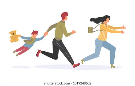 Joyful people rush for the shopping banner. Happy family run for seasonal sale in store, shop, mall. Flat art vector illustration