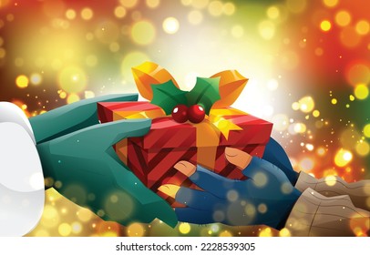 Joyful people in winter clothes hold and give gifts. Men and women are having fun at the celebration. Christmas presents. Giving a Christmas Gift Vector. Boxing Day.