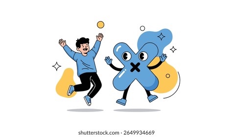 Joyful person celebrating with animated character fun and playful interaction