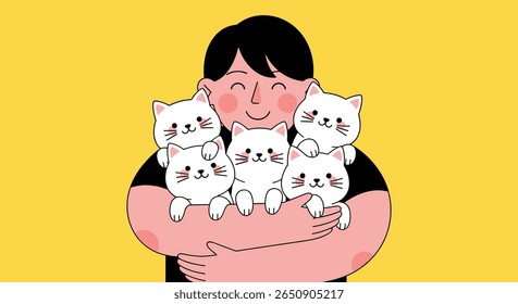 Joyful person embracing a group of adorable fluffy kittens together with delight