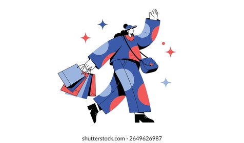 Uma pessoa alegre desfrutando de uma viagem de compras bem sucedida carregando muitas bolsas e parecendo animado