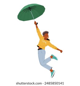 Joyful Person Flying With A Green Umbrella Conveys A Sense Of Freedom, Happiness, And Fun. Character Wears A Yellow Hoodie And Jeans, Appears Carefree And Exuberant. Cartoon People Vector Illustration