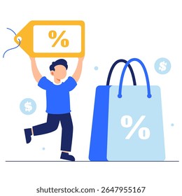 Uma pessoa alegre segurando uma etiqueta de preço e bolsas, expressando entusiasmo e economia em um ambiente de compras vibrante