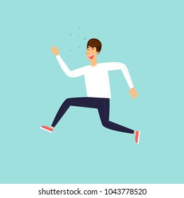 Joyful person, luck, success, good mood, jump, character, happy. Flat design vector illustration.