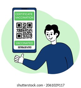 Joyful person, men shows an electronic certificate of vaccination against COVID-19 coronavirus with QR code on smartphone screen. Health passport. QR code in mobile app. Vector illustration