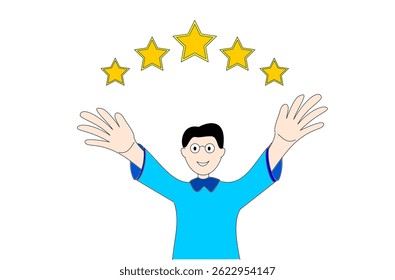 A joyful person with outstretched arms, surrounded by five stars