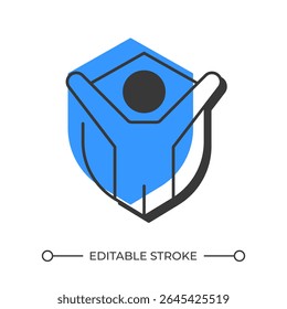 Joyful person and shield offset shadow line icon. Personal guard service. Feeling safely under protection. Bold outline symbol with solid blue fill. Modern flat illustration. Editable stroke