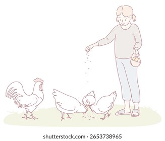 A joyful person takes delight in feeding chickens on a beautiful, serene farm, highlighting the charm of farm life