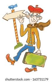 joyful person traveling on foot with a suitcase