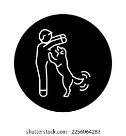 Joyful pet jumps on the owner color line icon. Dog training. Animal education. 
