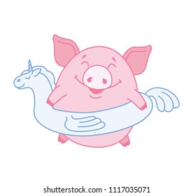 Joyful pig with an inflatable circle in the form of a white unicorn. Symbol of the new year 2019 in the Chinese calendar. Vector. Cartoon style