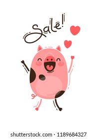 A joyful pig reports a sale. Happy Pink Piglet. Vector illustration in cartoon style.