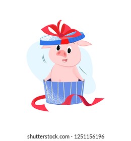 Joyful pig sitting in box like present. Symbol of year, animal, surprise. Can be used for topics like New Year, gift, holiday