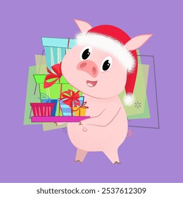 Joyful piglet in Santa hat carrying pile of presents. Christmas gift delivery concept. Vector illustration can be used for banner design, festive posters, greeting cards