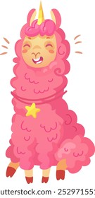 Una alegre llama rosa con un cuerno de unicornio viga de felicidad adornado con una estrella que muestra un estilo de dibujos animados juguetón y caprichoso en colores vibrantes.