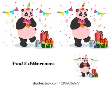  Joyful pink panda and gifts. Vector illustration of a game for children Find the difference.