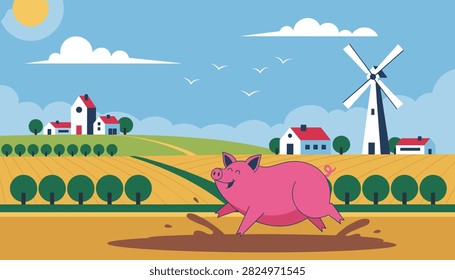 Joyful pink pig leaps through a muddy puddle on a beautiful farm landscape with a traditional windmill and houses.