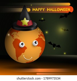 Joyful planet earth in wizard hat celebrates Halloween. Bats and fireflies are flying around. Atmosphere of celebration and witchcraft. Vector