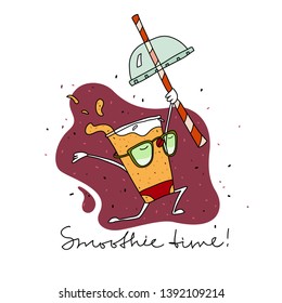 Joyful plastic cup with  straw and fruit smoothie inside. Smoothie time hand drawn lettering. Isolated vector clipart for summer banners, posters, cards and textiles.
