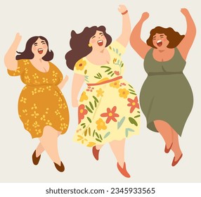 Joyful plump ladies, females in sundresses dancing, savoring life. Embodying no diet day, body positivity, women day, summer vibe, acceptance of extra weight. Vacation mood. Vector.