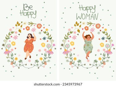 Joyful plump ladies, females in sundresses dancing, flowers around, enjoying life. Embodying no diet day, body love, self acceptance despite extra weight, female freedom, weight positivity. Vector.