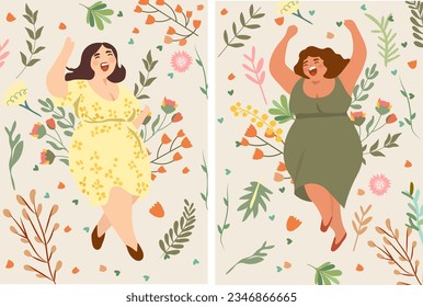 Joyful plump ladies, females in sundresses dancing, flowers around, savoring life. Embodying no diet day, body positivity, women day, summer vibe, acceptance of extra weight. Vacation mood. Vector.