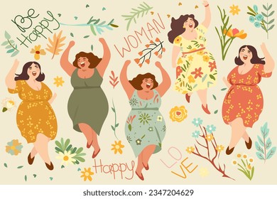 Joyful plump ladies, females in sundresses dancing, flowers around, enjoying life. Embodying no diet day, body love, self acceptance despite extra weight, female freedom, weight positivity. Vector.
