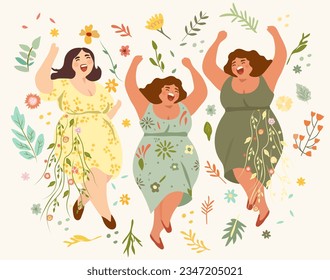 Joyful plump ladies, females in sundresses dancing, flowers around, savoring life. Embodying no diet day, body positivity, women day, summer vibe, acceptance of extra weight. Vacation mood. Vector.