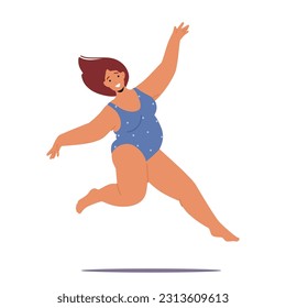 Joyful Plump Woman In A Swimsuit Defies Societal Expectations By Energetic Jumping. Confident Fat Female Character, Embracing Her Body And Celebrating Unique Beauty. Cartoon People Vector Illustration