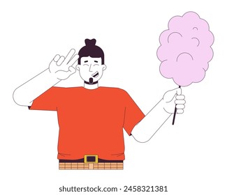 Joyful plus sized man with cotton candy 2D linear cartoon character. Happy caucasian male with overweight isolated line vector person white background. Body positive color flat spot illustration