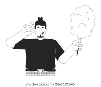 Joyful plus sized man with cotton candy black and white 2D line cartoon character. Caucasian male with overweight isolated vector outline person. Body positive monochromatic flat spot illustration