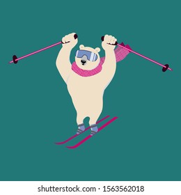Joyful polar bear on an alpine ski slope. Сharming sporty and strong animal wears scarf and ski goggles, likes downhill skiing.  Vector ilustration with character in flat style. Can be used as mascot