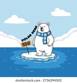 Joyful polar bear with snowflake scarf on floating ice floe and a sign with a message Illustration for International Polar Bear Day, February 27th.