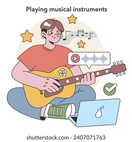 A joyful portrayal of learning music, with a character playing the guitar, symbolizing melody, harmony, and rhythm. Flat vector illustration