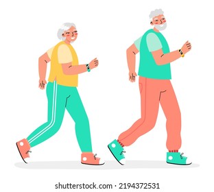 Una pareja de edad alegre y positiva que corre con el rastreador de fitness aislado en un fondo blanco. El concepto de Smart Watch para adultos mayores. Edad avanzada activa.