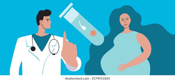 Joyful pregnant woman as a concept of planning a family using in vitro fertilization, flat vector stock illustration, consultation with a doctor for IVF