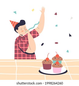 Joyful preschool boy on kids party wear cone cap and whistle. Celebration event for children birthday or holiday occasion concept. Cartoon flat vector illustration