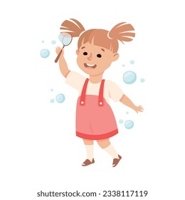 Joyful preschool little girl playing with soap bubbles cartoon vector illustration