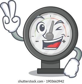 A joyful pressure gauge cartoon mascot style show two fingers pose