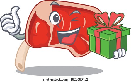 joyful prime rib cartoon character with a big gift box